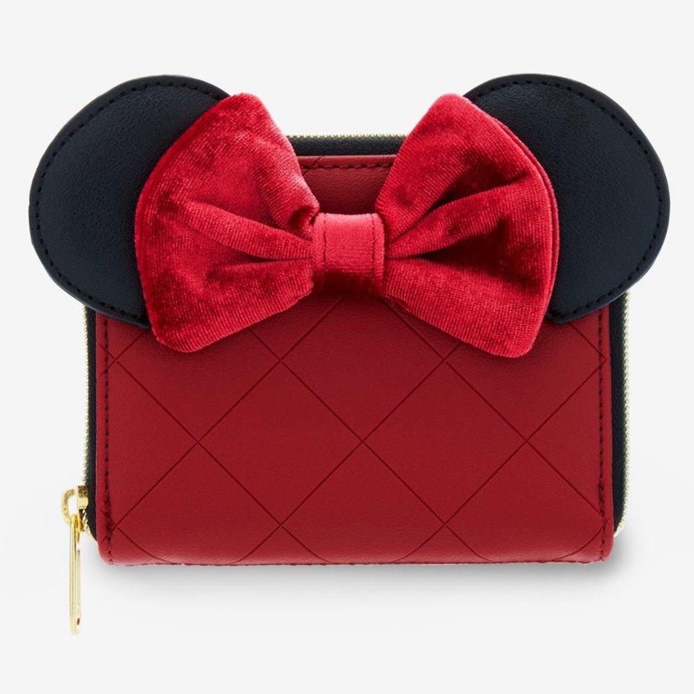 Disney Loungefly Minnie Mouse Burgundy Velvet Bow Mini Zip Wallet
